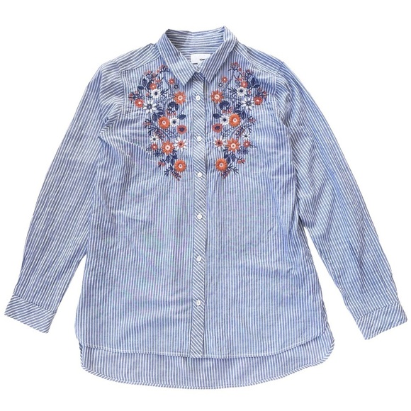 Sonoma Tops - Sonoma Blue & White Striped Shirt, Flower Embroidery, Long Sleeve, Sz Medium